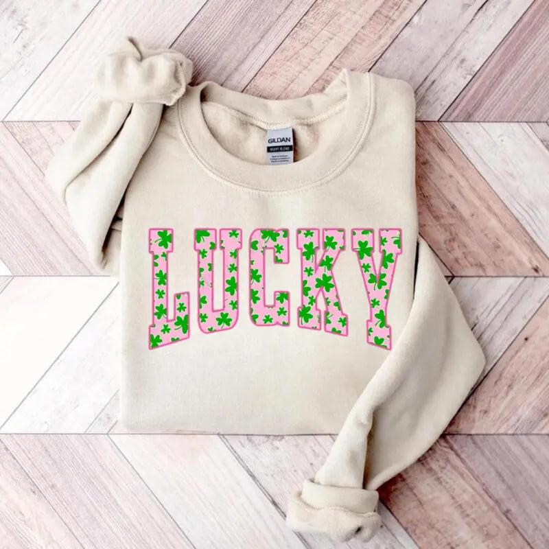 Lucky Clover sweatshirt with green shamrock design, perfect for St. Patrick’s Day, a cute Irish holiday sweatshirt combining festive style and cozy comfort.