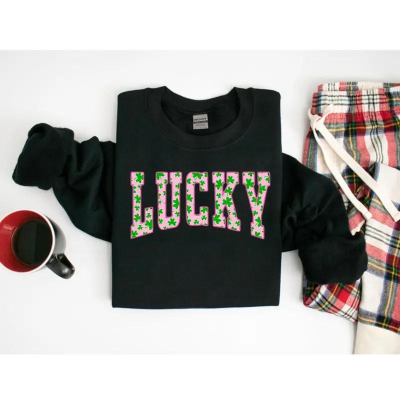 Lucky Clover sweatshirt with green shamrock design, perfect for St. Patrick’s Day, a cute Irish holiday sweatshirt combining festive style and cozy comfort.