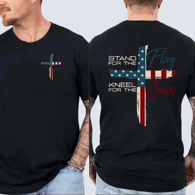 Patriotic Christian Faith T-Shirt – Stand for Flag Kneel for Cross Religious Sweatshirt | American Pride Cross Design Tee for Men | Conservative Christian Cotton Clothing