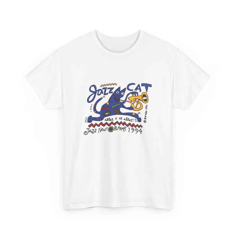 Jazz Cat Graphic T-Shirt – Retro Cartoon Cat Playing Sax | Vintage Jazz Aesthetic Tee