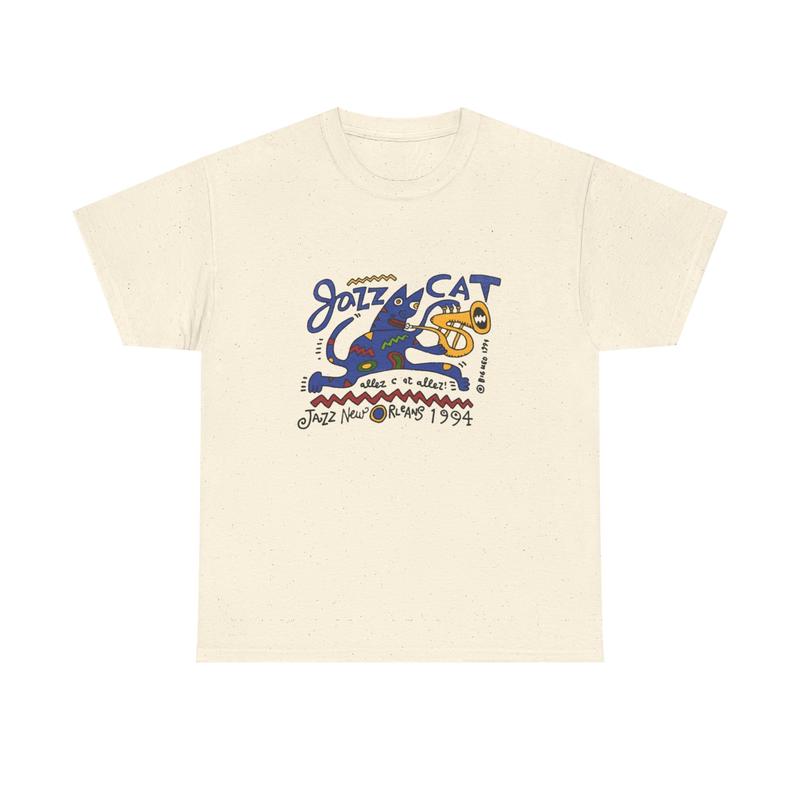 Jazz Cat Graphic T-Shirt – Retro Cartoon Cat Playing Sax | Vintage Jazz Aesthetic Tee