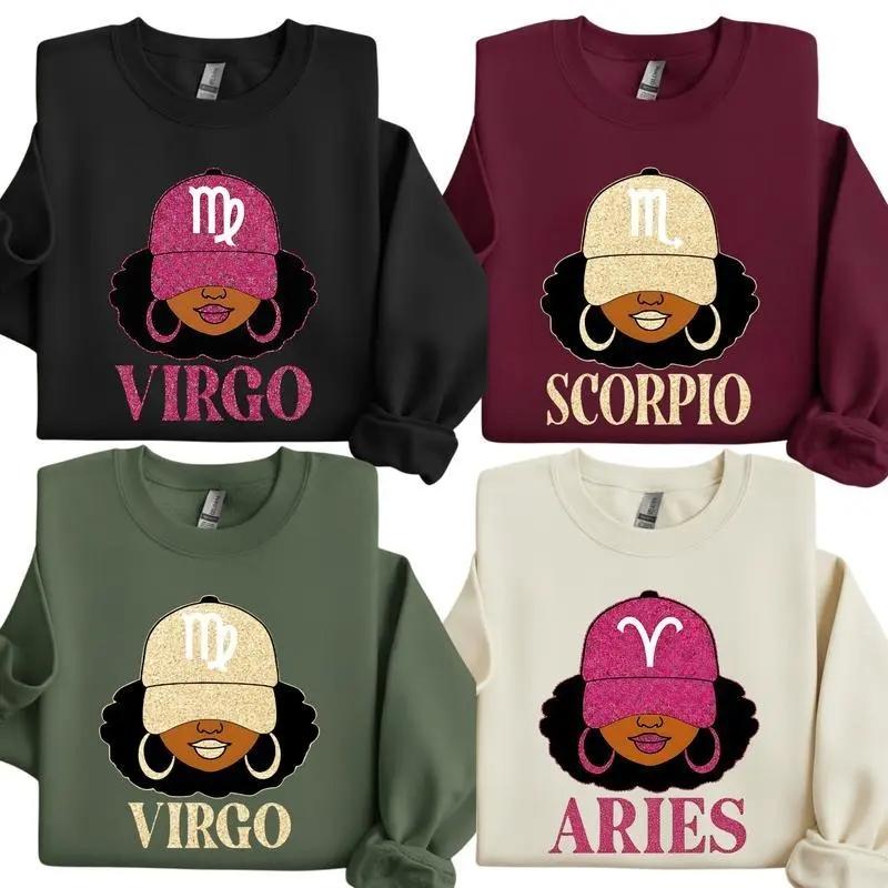 All 12 Zodiac Slay Girl Sweatshirt, Glitter Astrology Hat Graphic for Adults,Full Horoscope Star Sign Collection with Bold Zodiac Letter Design
