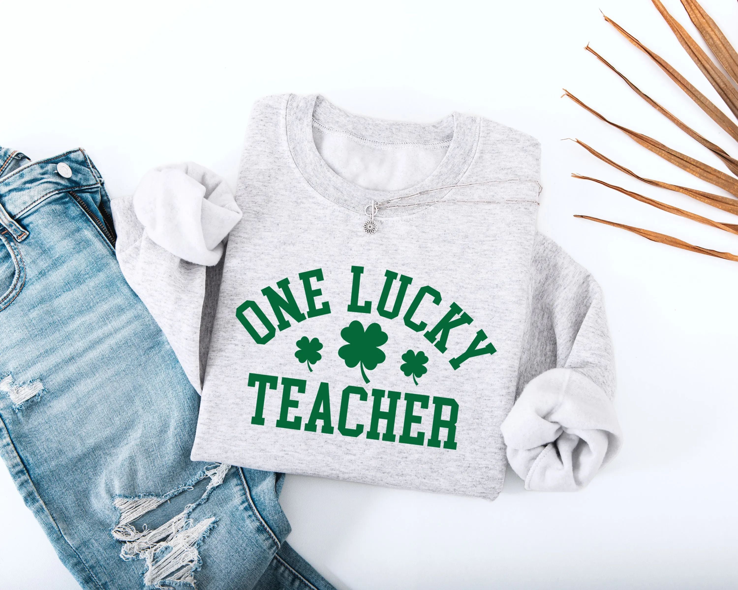 One Lucky Teacher Adult Sweatshirt - Green Varsity Lettering Shamrock Accents Soft Cozy St Patrick's Day Teacher Outfit