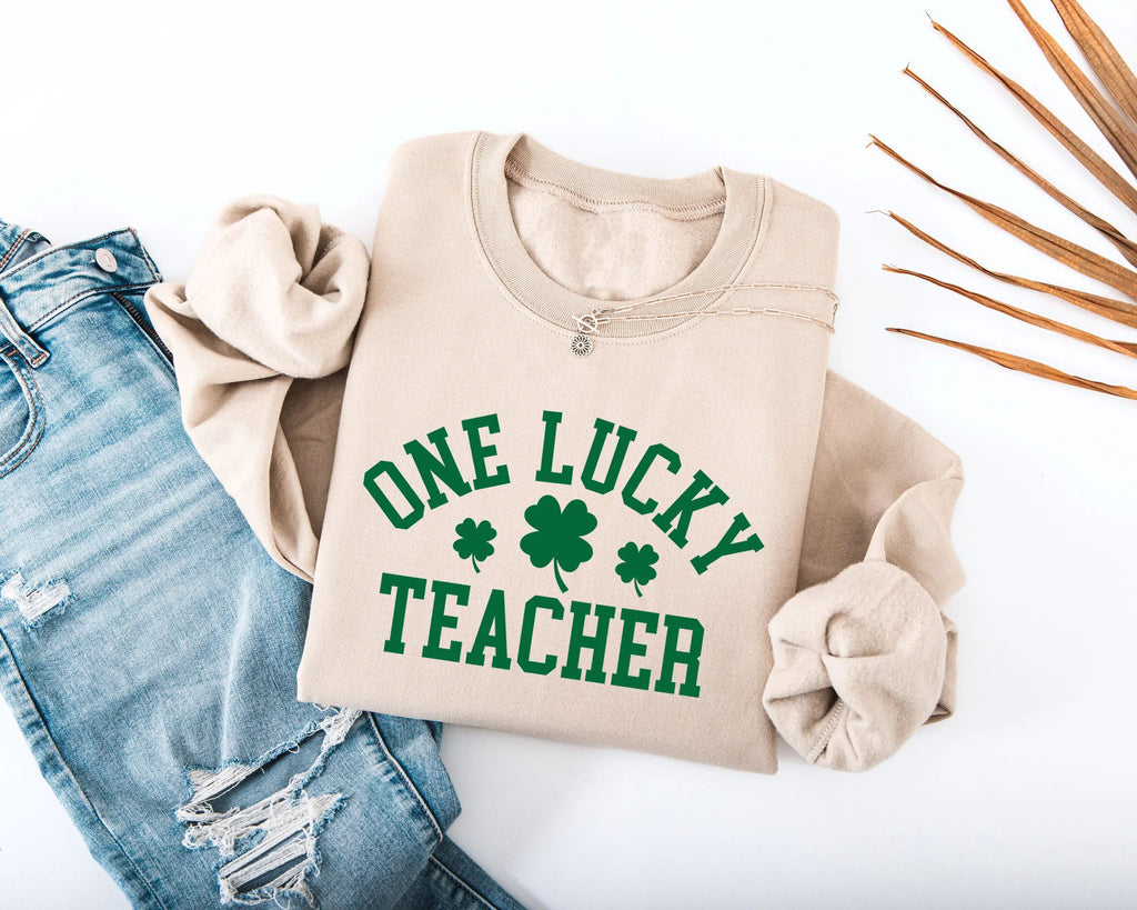 One Lucky Teacher Adult Sweatshirt - Green Varsity Lettering Shamrock Accents Soft Cozy St Patrick's Day Teacher Outfit