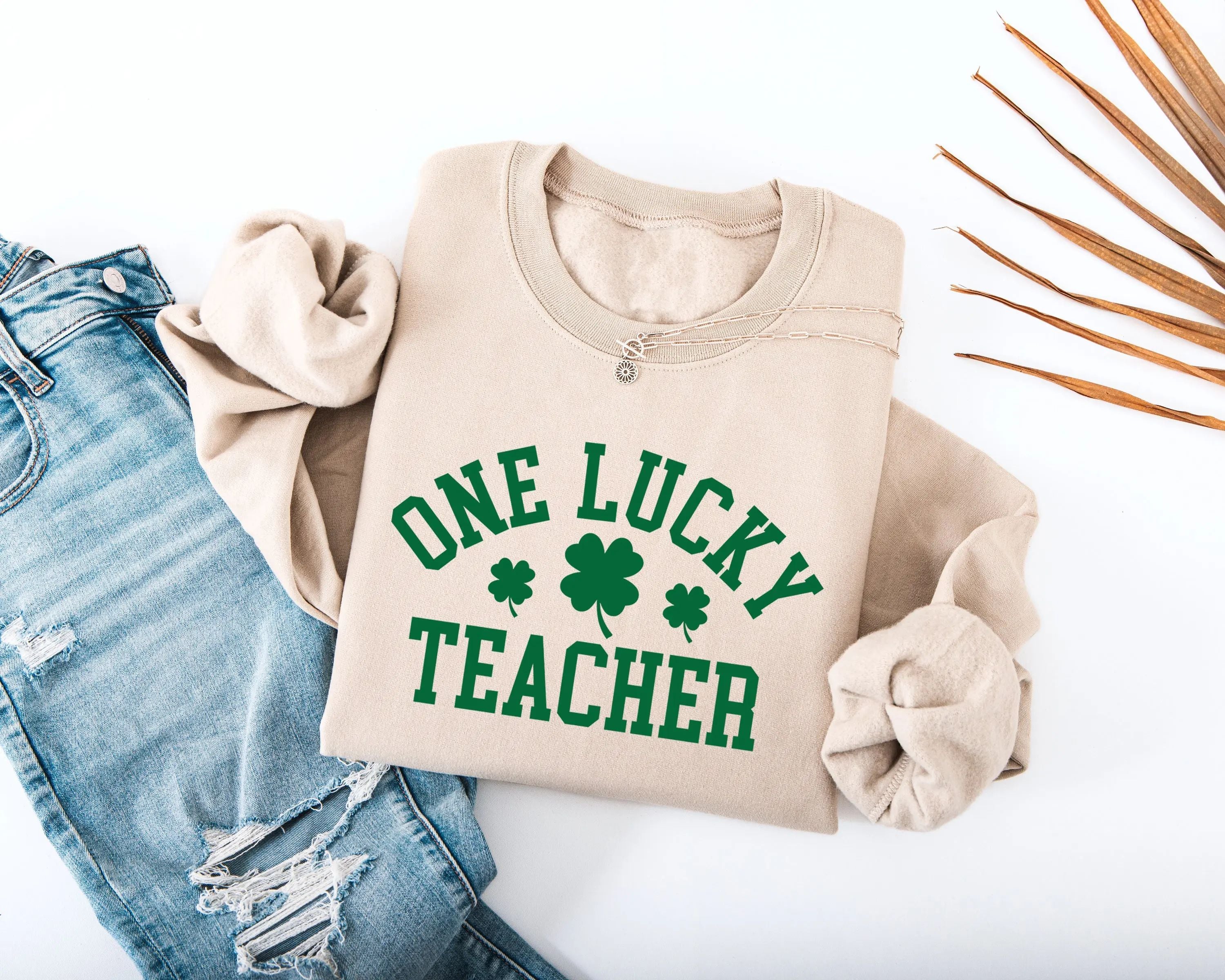 One Lucky Teacher Adult Sweatshirt - Green Varsity Lettering Shamrock Accents Soft Cozy St Patrick's Day Teacher Outfit