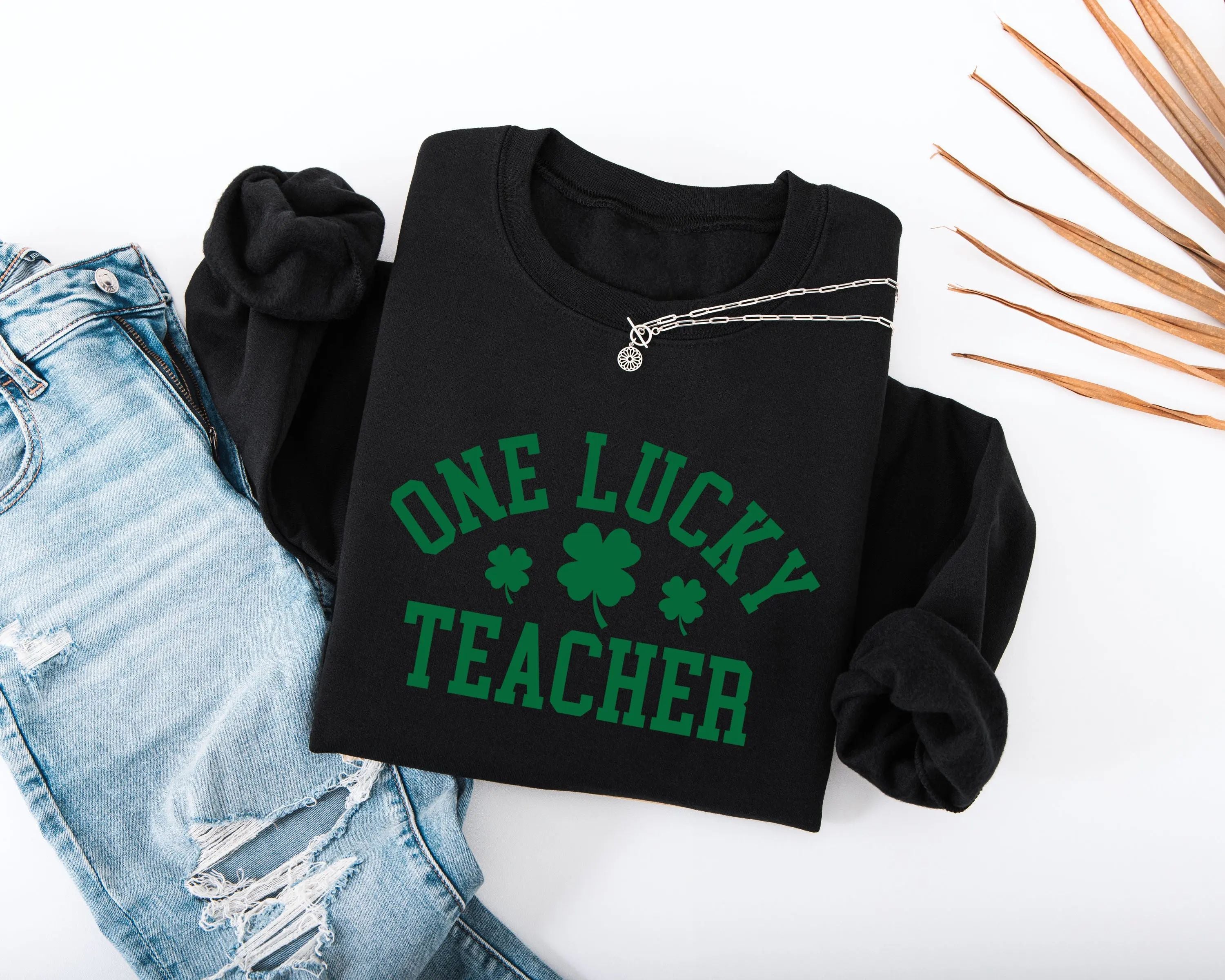 One Lucky Teacher Adult Sweatshirt - Green Varsity Lettering Shamrock Accents Soft Cozy St Patrick's Day Teacher Outfit