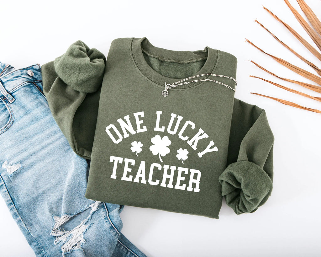 One Lucky Teacher Adult Sweatshirt - Green Varsity Lettering Shamrock Accents Soft Cozy St Patrick's Day Teacher Outfit