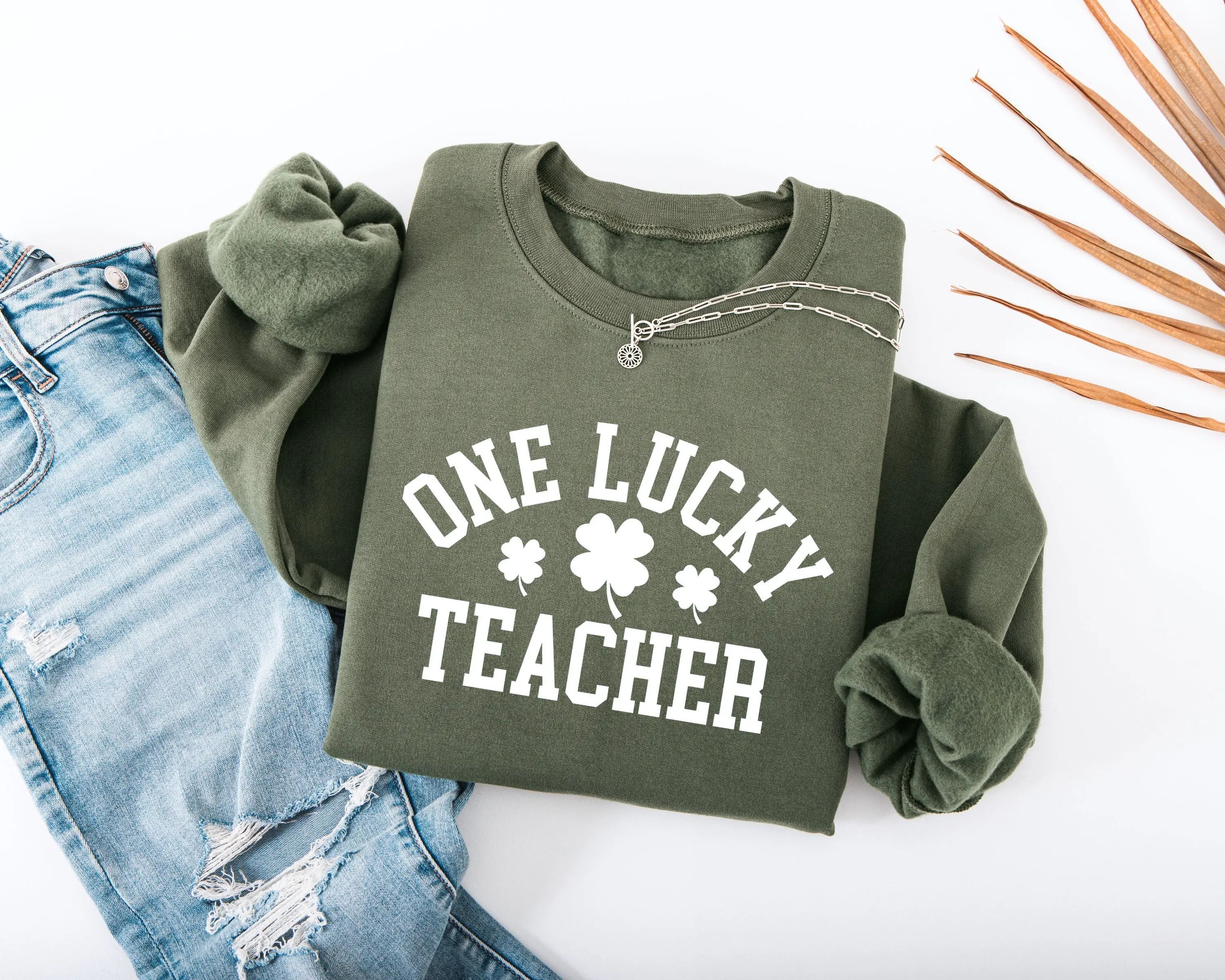 One Lucky Teacher Adult Sweatshirt - Green Varsity Lettering Shamrock Accents Soft Cozy St Patrick's Day Teacher Outfit