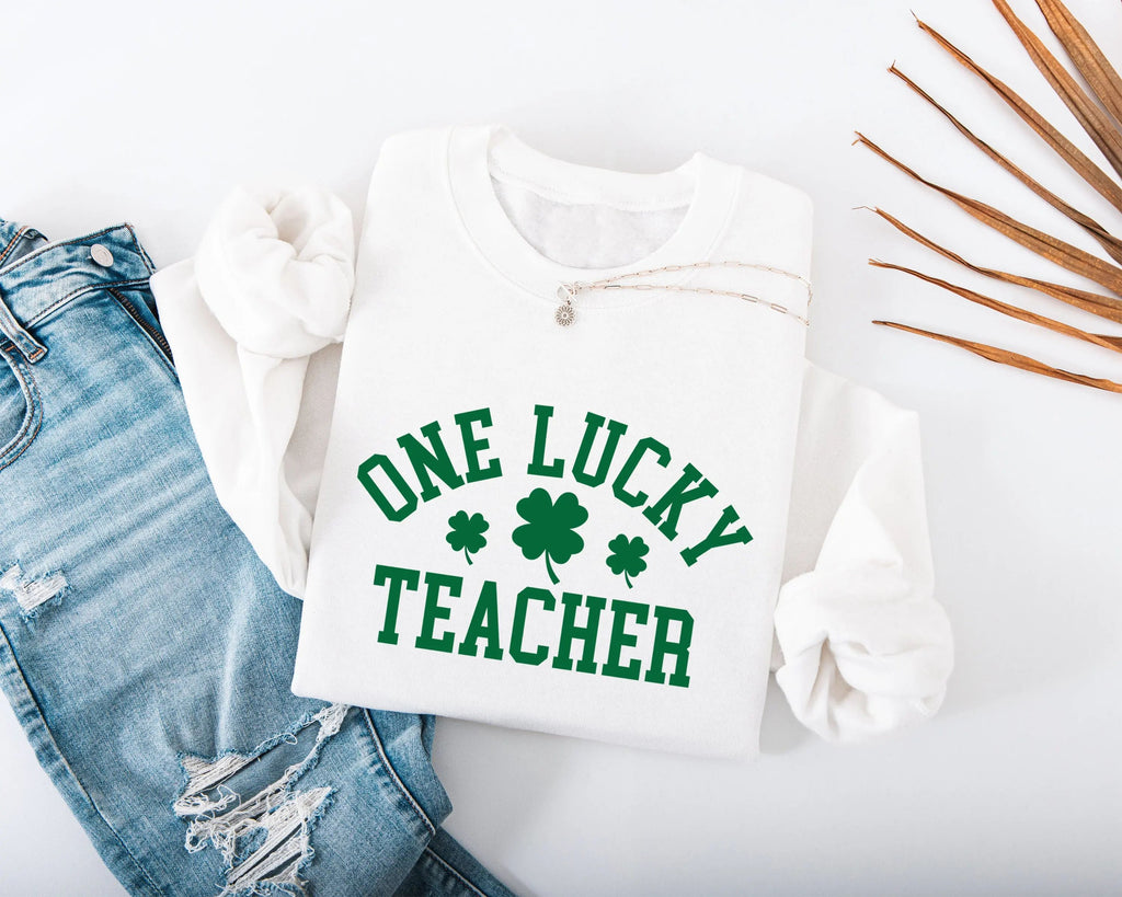 One Lucky Teacher Adult Sweatshirt - Green Varsity Lettering Shamrock Accents Soft Cozy St Patrick's Day Teacher Outfit