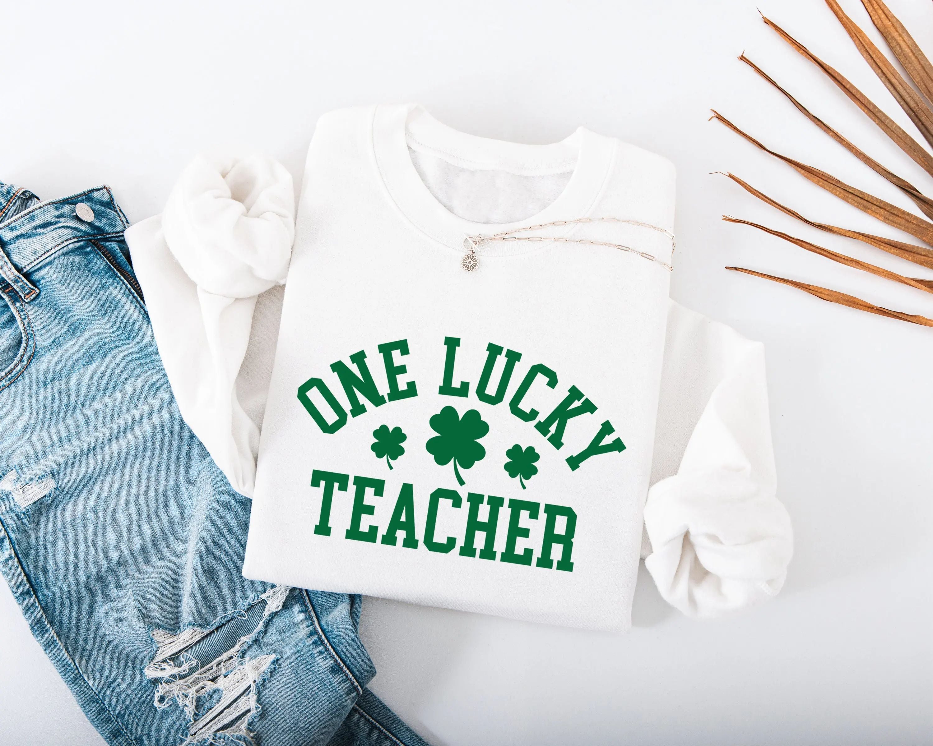 One Lucky Teacher Adult Sweatshirt - Green Varsity Lettering Shamrock Accents Soft Cozy St Patrick's Day Teacher Outfit