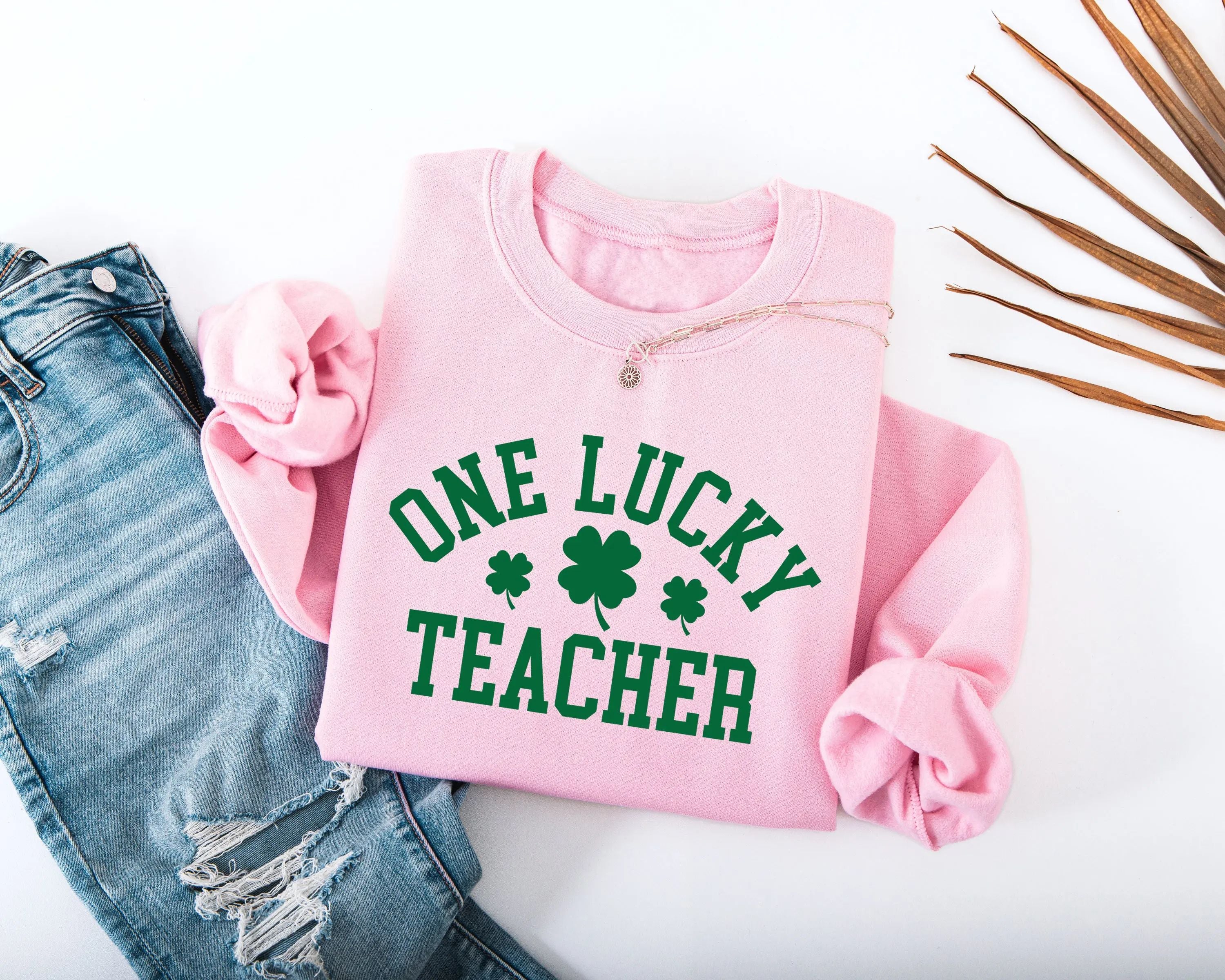 One Lucky Teacher Adult Sweatshirt - Green Varsity Lettering Shamrock Accents Soft Cozy St Patrick's Day Teacher Outfit