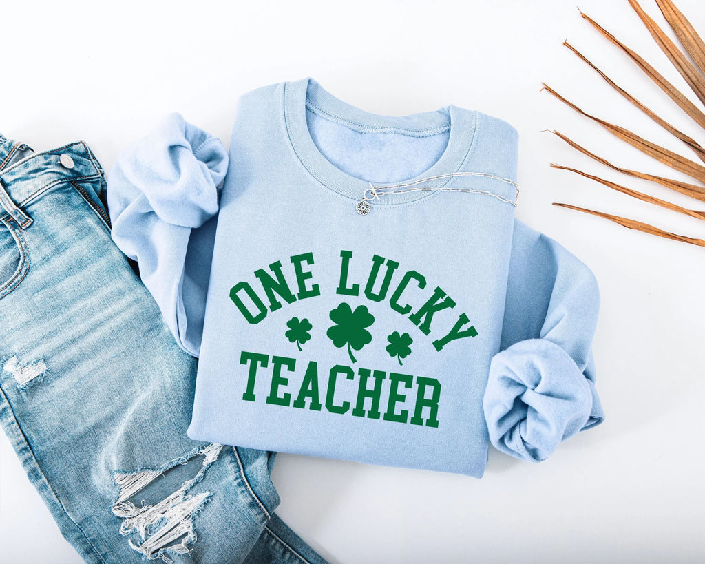 One Lucky Teacher Adult Sweatshirt - Green Varsity Lettering Shamrock Accents Soft Cozy St Patrick's Day Teacher Outfit