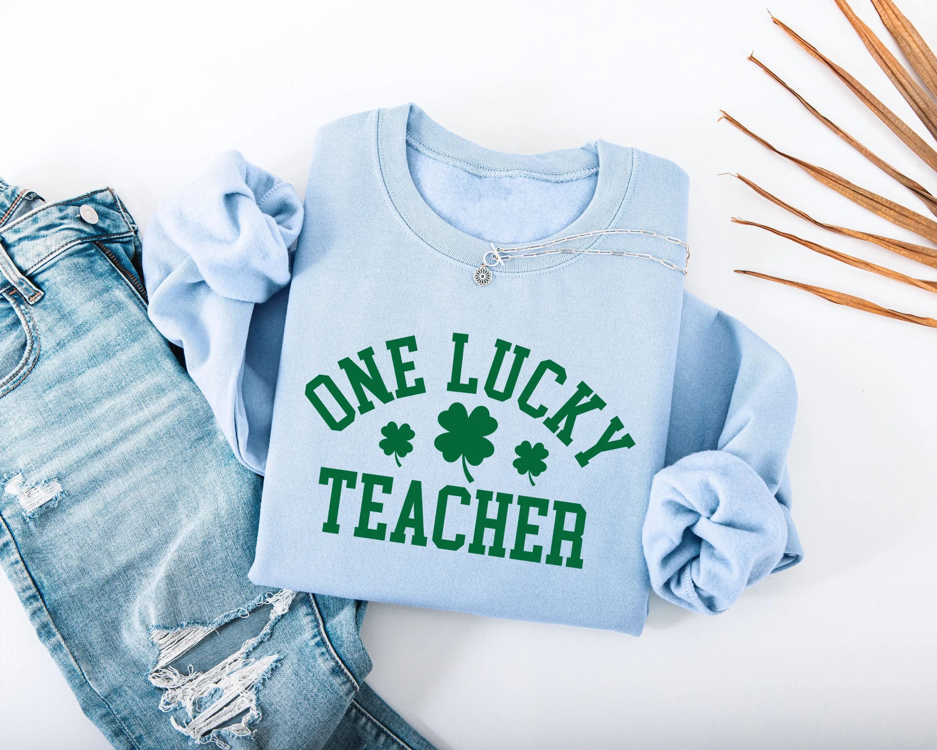 One Lucky Teacher Adult Sweatshirt - Green Varsity Lettering Shamrock Accents Soft Cozy St Patrick's Day Teacher Outfit