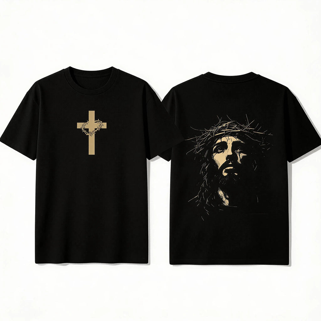 Printed Cross on Front and Jesus Wearing Crown of Thorns on Back T-shirt/Sweatshirt/Hoodie