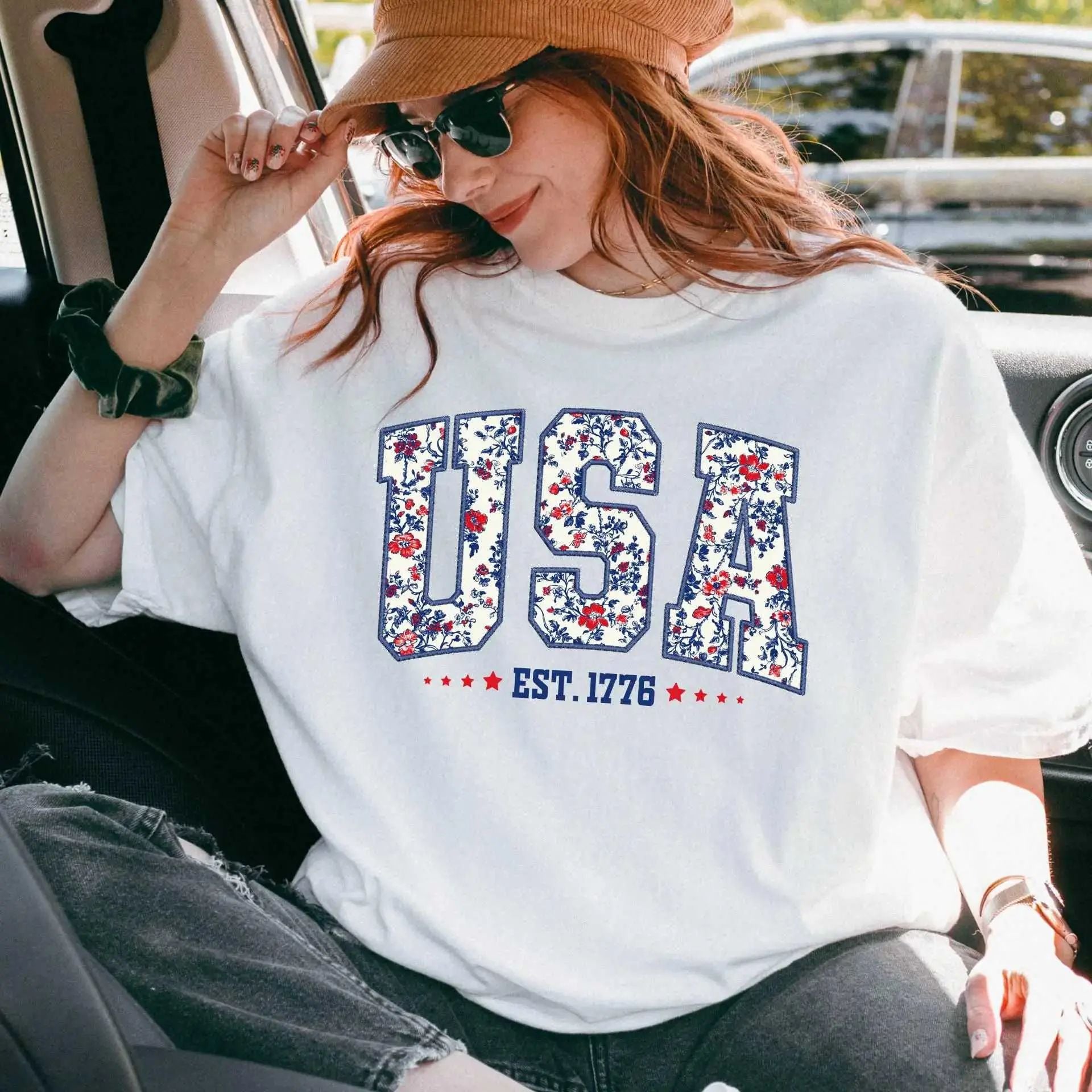 Comfort Colors Floral USA Embroidery Shirt,4th Of July Retro America Shirt/Sweatshirt/Hoodie