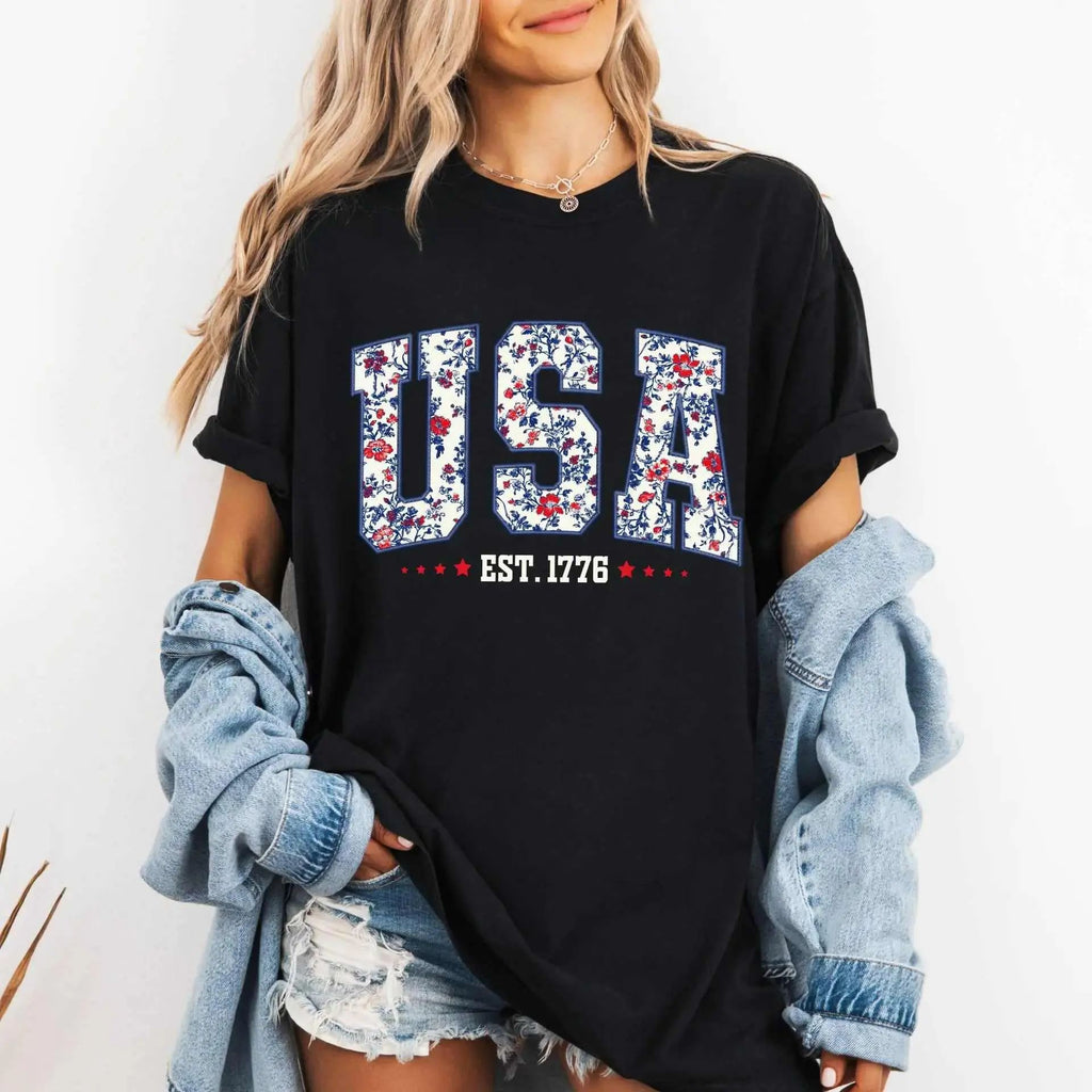 Comfort Colors Floral USA Embroidery Shirt,4th Of July Retro America Shirt/Sweatshirt/Hoodie