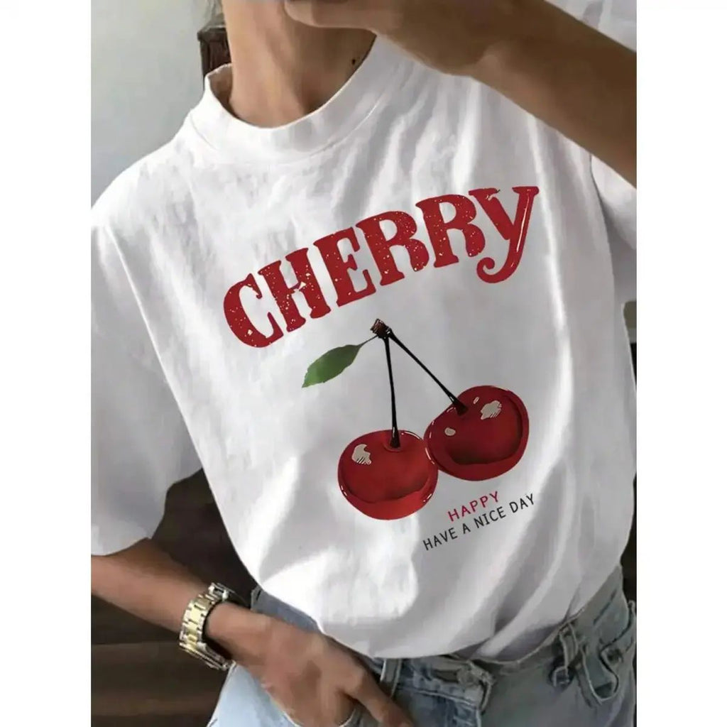 Cherry Pattern And Letter Printed T-Shirt, Round Neck Short Sleeve Casual Top