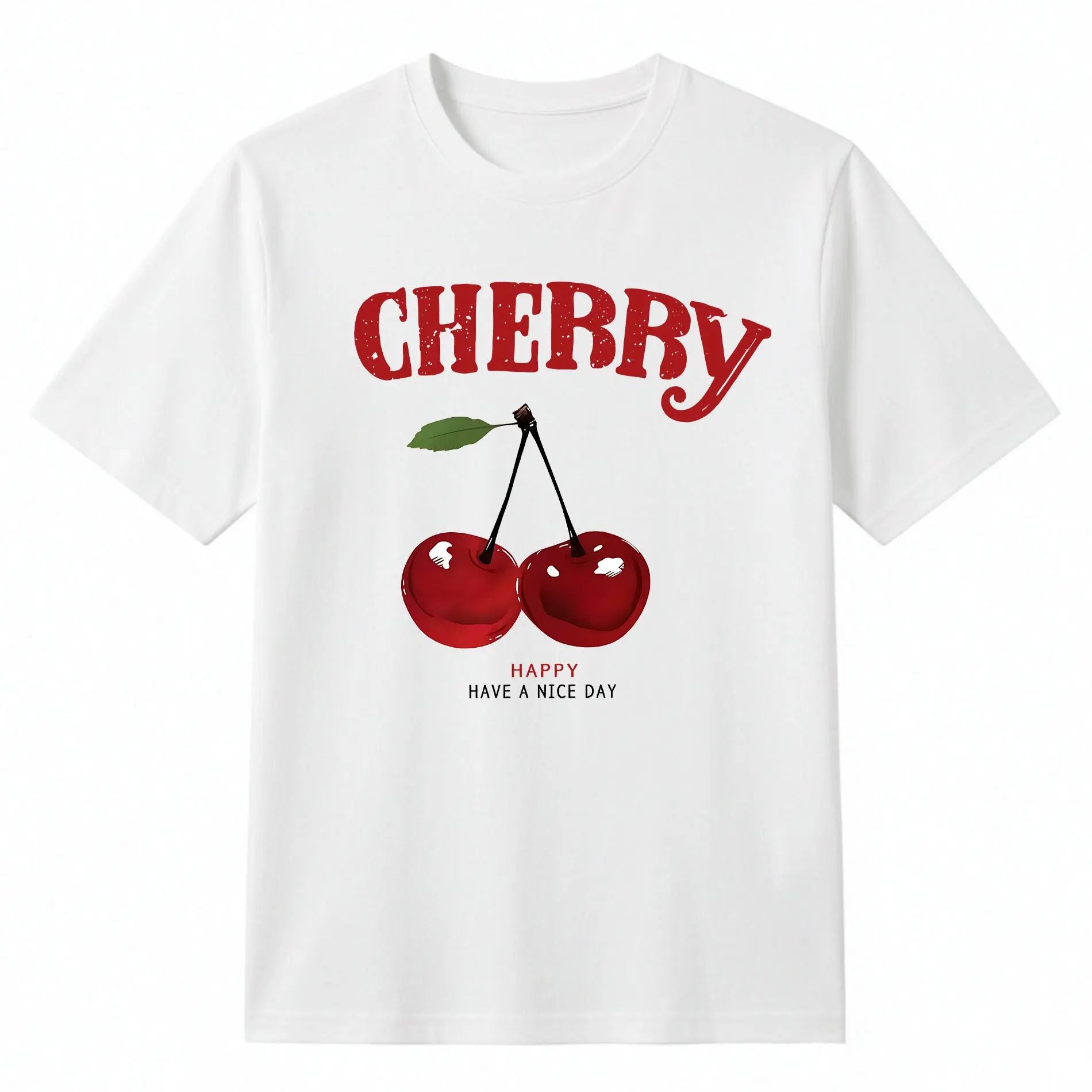 Cherry Pattern And Letter Printed T-Shirt, Round Neck Short Sleeve Casual Top