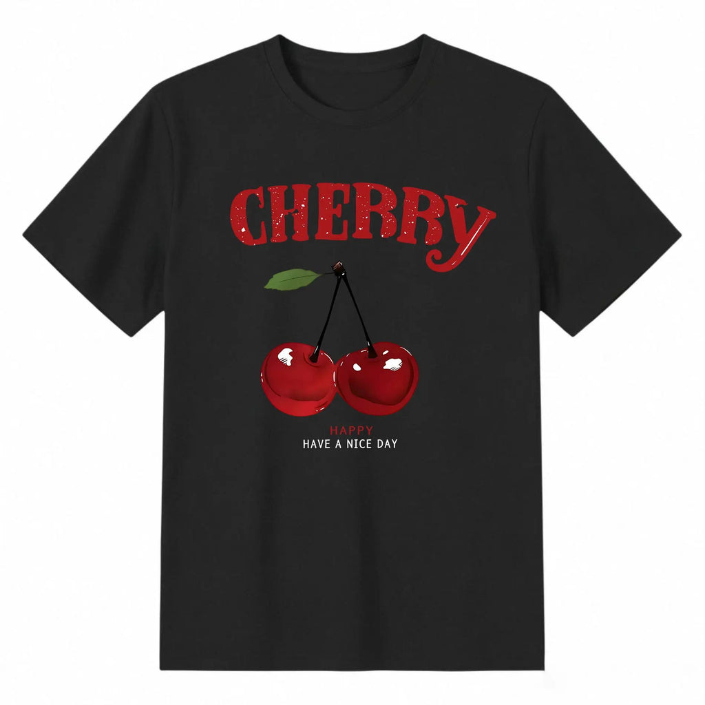 Cherry Pattern And Letter Printed T-Shirt, Round Neck Short Sleeve Casual Top
