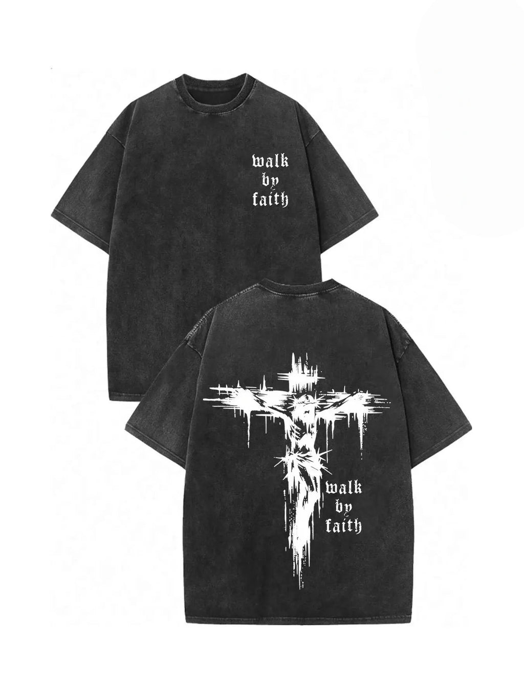 Faith Over Fear Slogan Print Washed Distressed Short Sleeve Tee