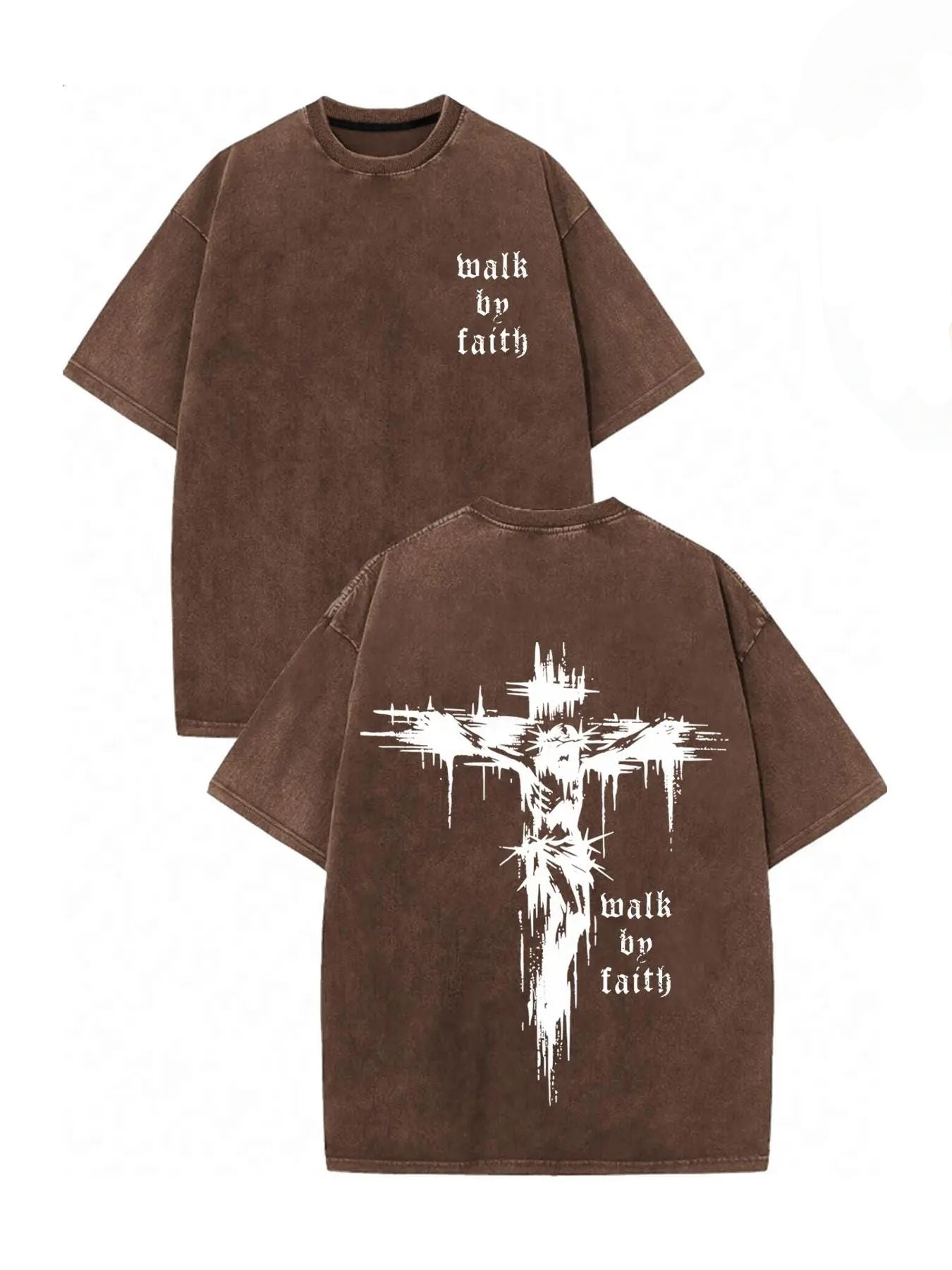 Faith Over Fear Slogan Print Washed Distressed Short Sleeve Tee