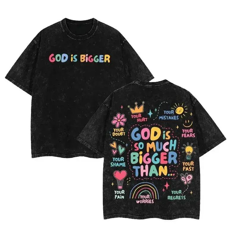 God Is Bigger Christian Graphic T Shirt Vintage Washed Heavyweight Cotton Tee
