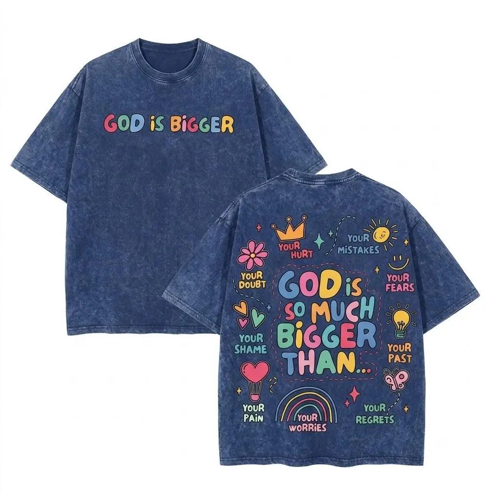God Is Bigger Christian Graphic T Shirt Vintage Washed Heavyweight Cotton Tee