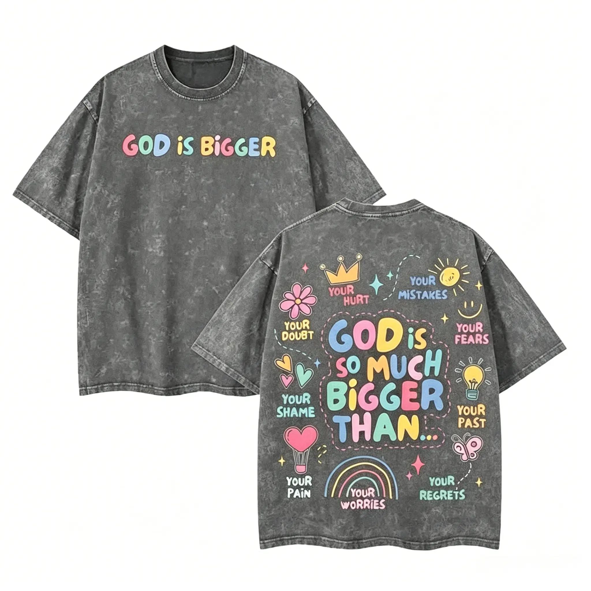God Is Bigger Christian Graphic T Shirt Vintage Washed Heavyweight Cotton Tee