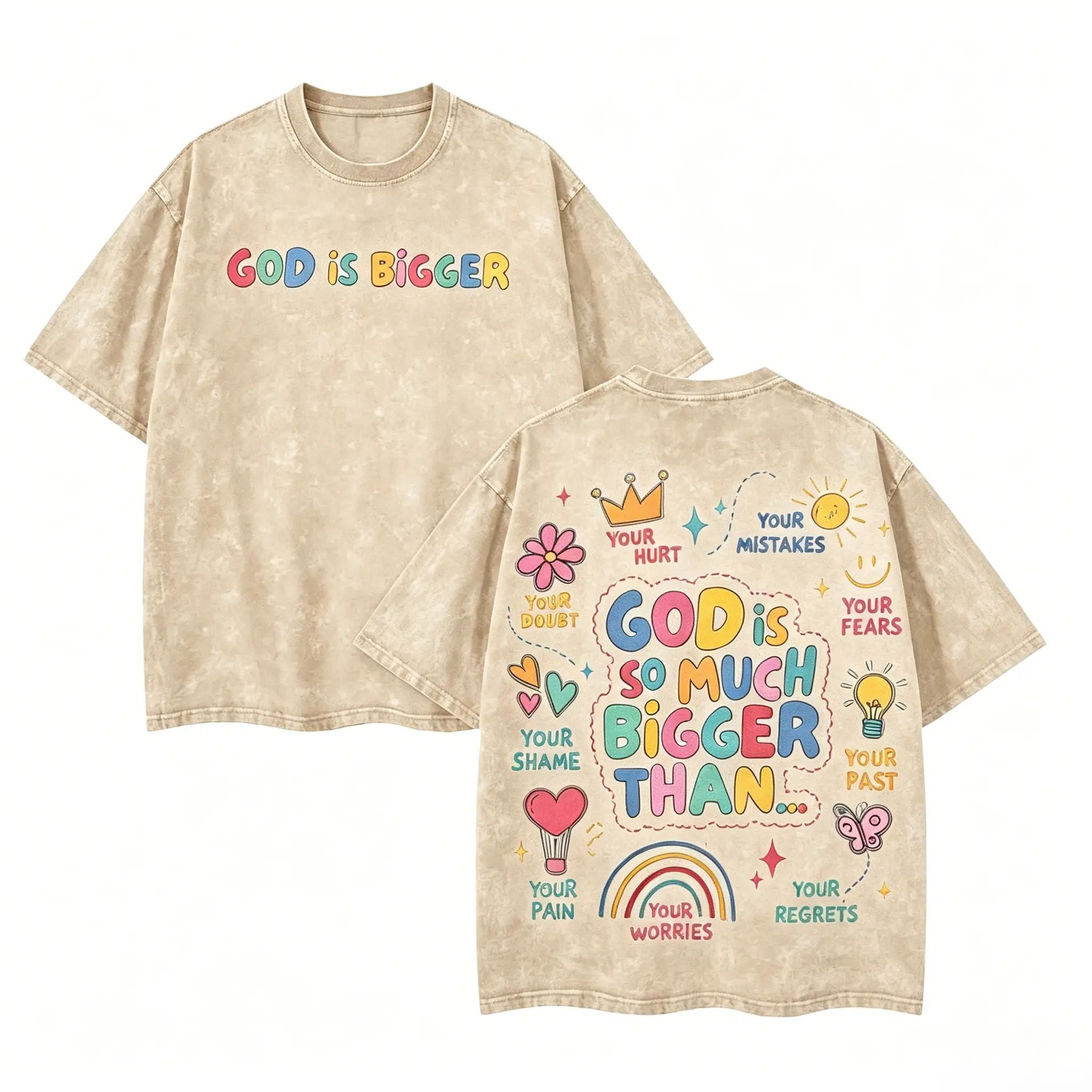 God Is Bigger Christian Graphic T Shirt Vintage Washed Heavyweight Cotton Tee