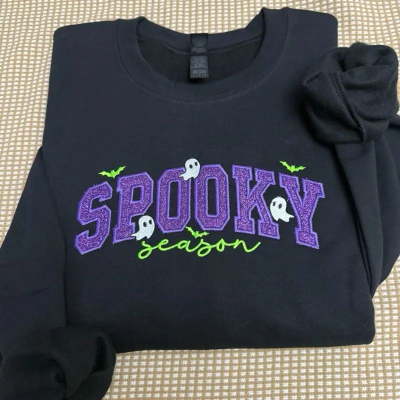 Spooky season glitter small ghosts with cursive letters glitter appliqué embroidered sweatshirt