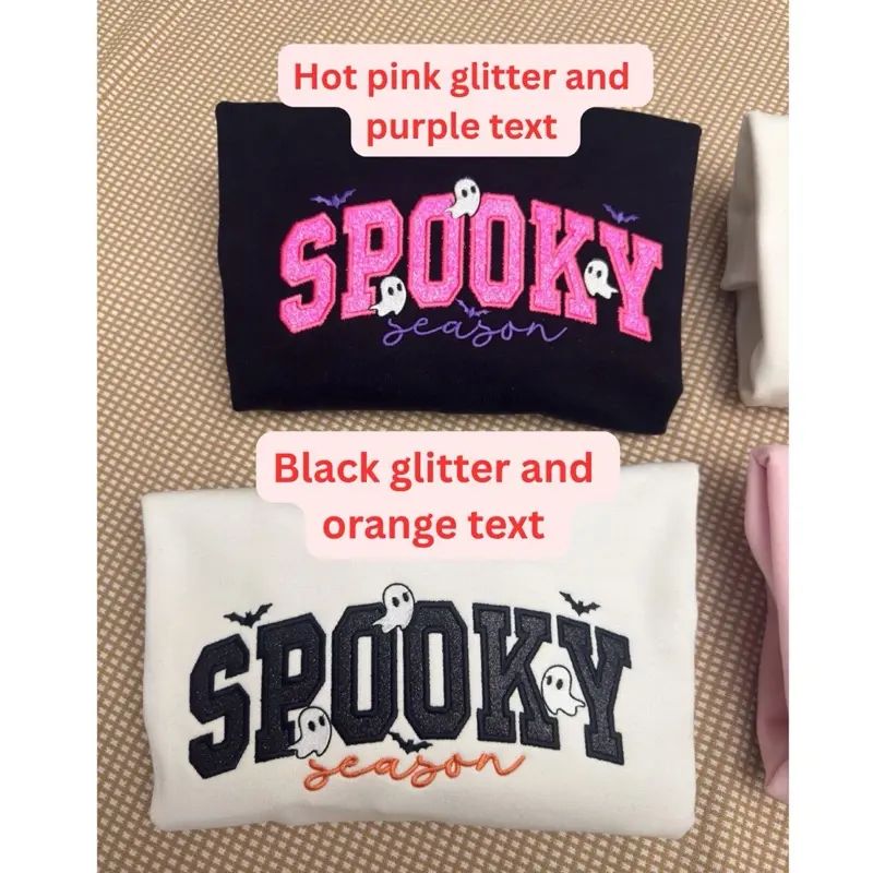 Spooky season glitter small ghosts with cursive letters glitter appliqué embroidered sweatshirt