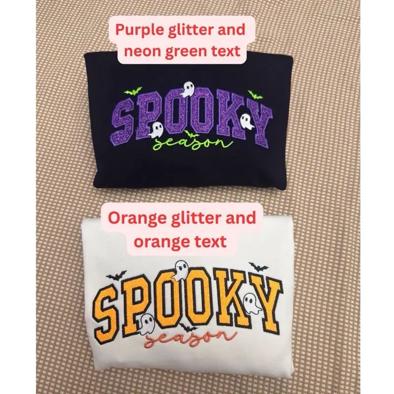 Spooky season glitter small ghosts with cursive letters glitter appliqué embroidered sweatshirt