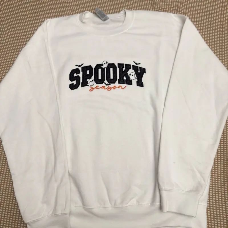 Spooky season glitter small ghosts with cursive letters glitter appliqué embroidered sweatshirt