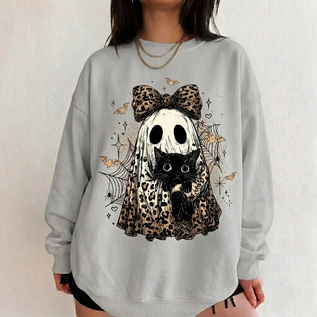 Leopard Ghost Cat Halloween Sweatshirt, Cute Spooky Black Cat Graphic Shirt