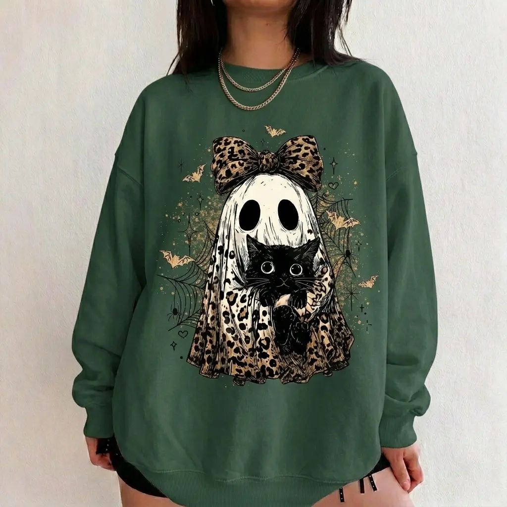 Leopard Ghost Cat Halloween Sweatshirt, Cute Spooky Black Cat Graphic Shirt