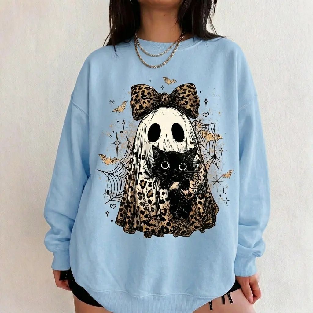 Leopard Ghost Cat Halloween Sweatshirt, Cute Spooky Black Cat Graphic Shirt