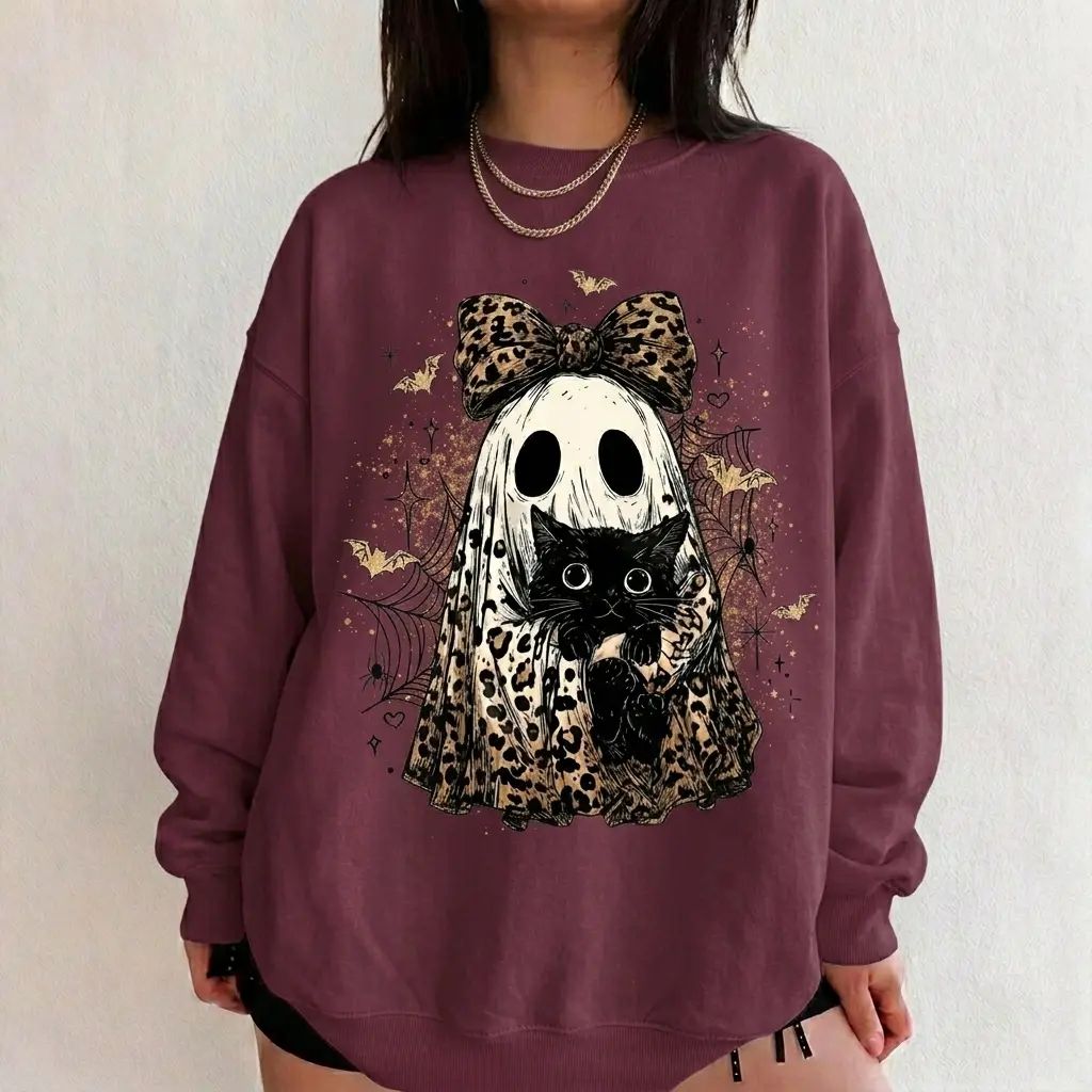 Leopard Ghost Cat Halloween Sweatshirt, Cute Spooky Black Cat Graphic Shirt