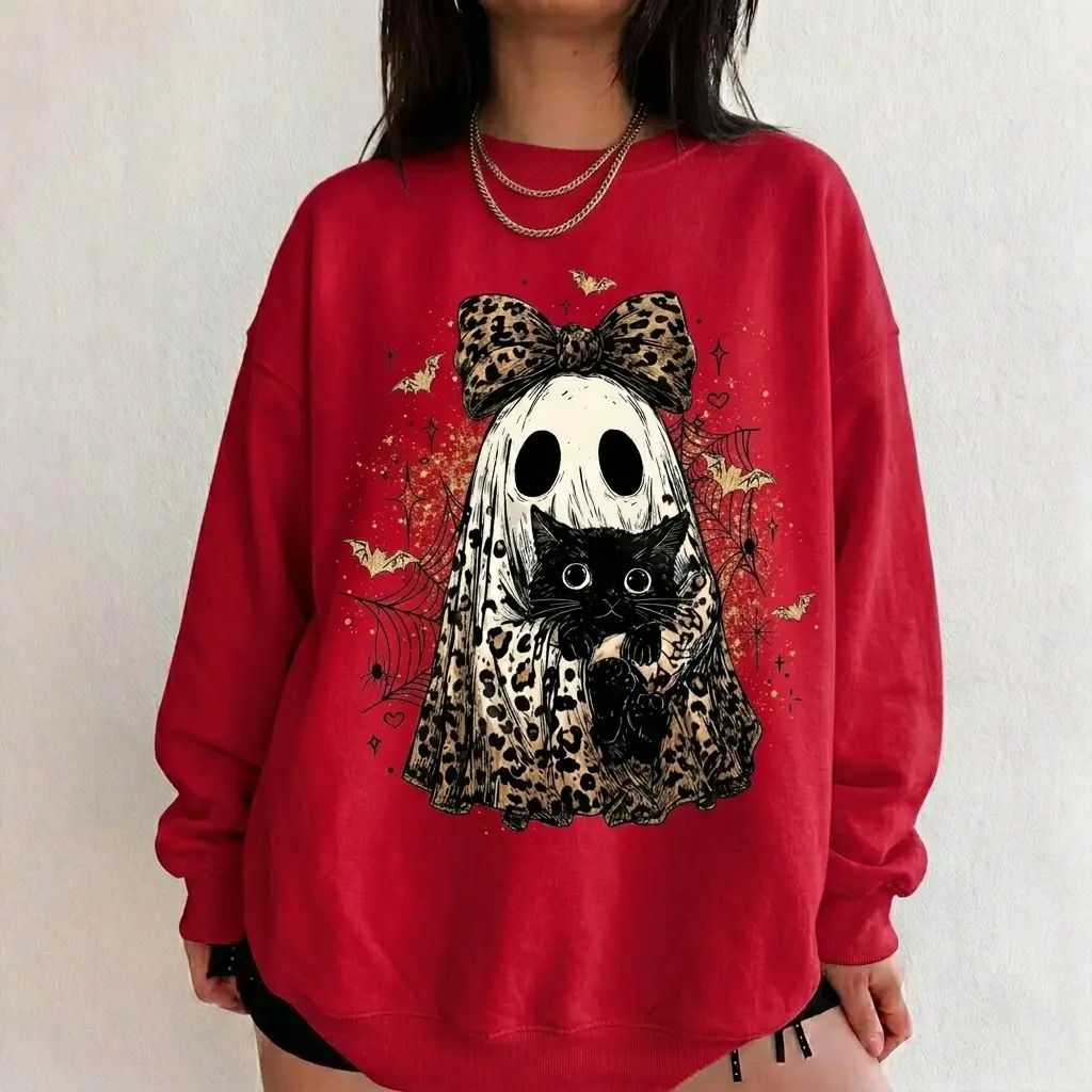 Leopard Ghost Cat Halloween Sweatshirt, Cute Spooky Black Cat Graphic Shirt