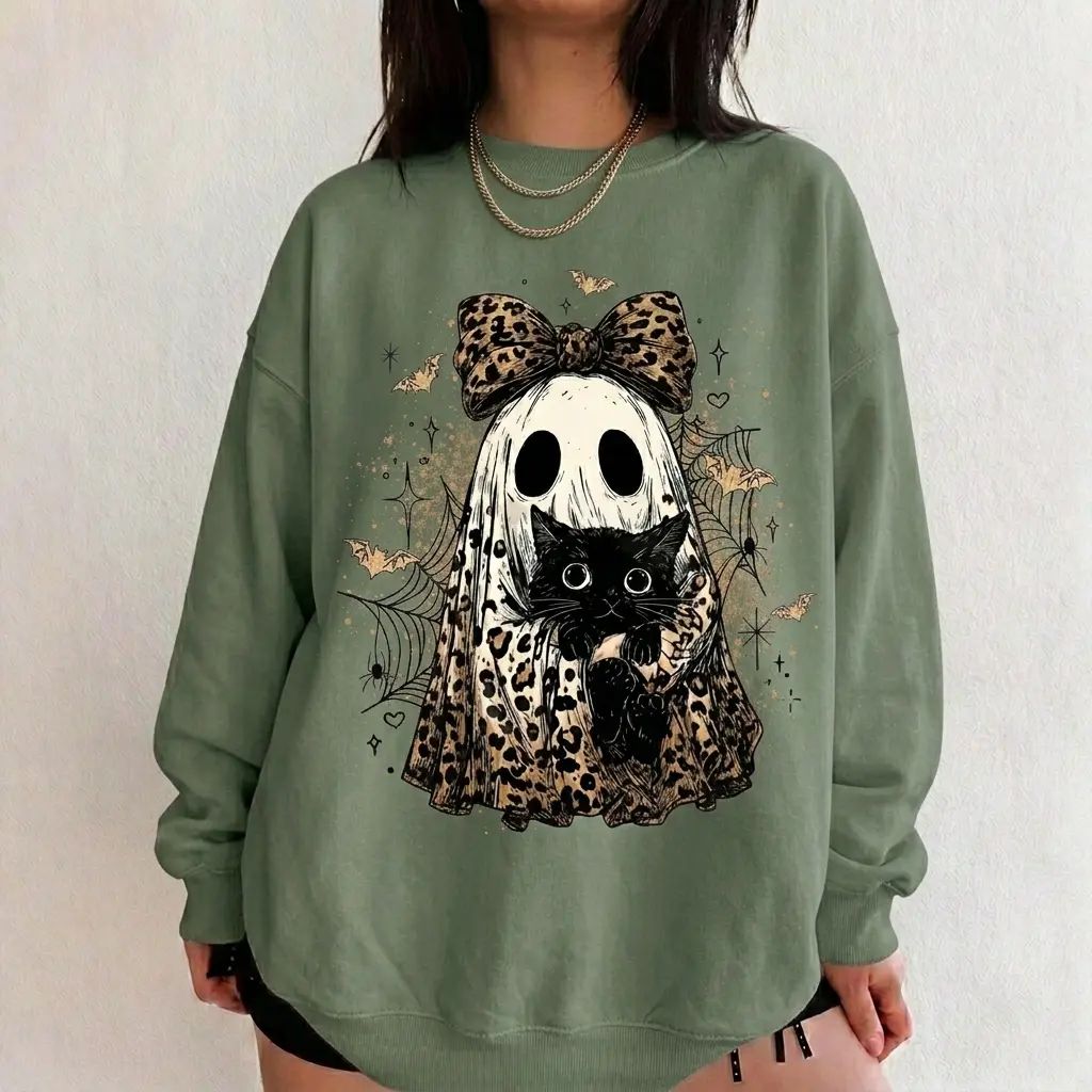 Leopard Ghost Cat Halloween Sweatshirt, Cute Spooky Black Cat Graphic Shirt