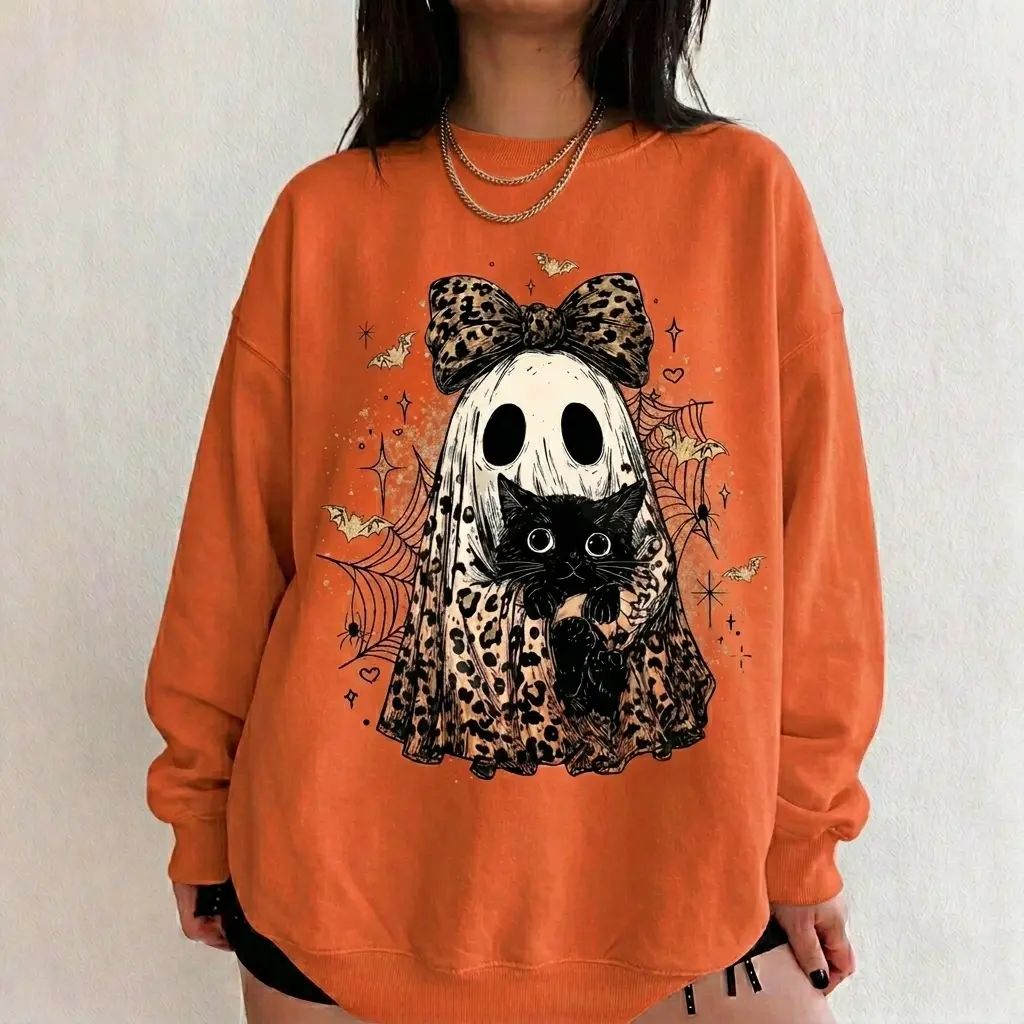 Leopard Ghost Cat Halloween Sweatshirt, Cute Spooky Black Cat Graphic Shirt
