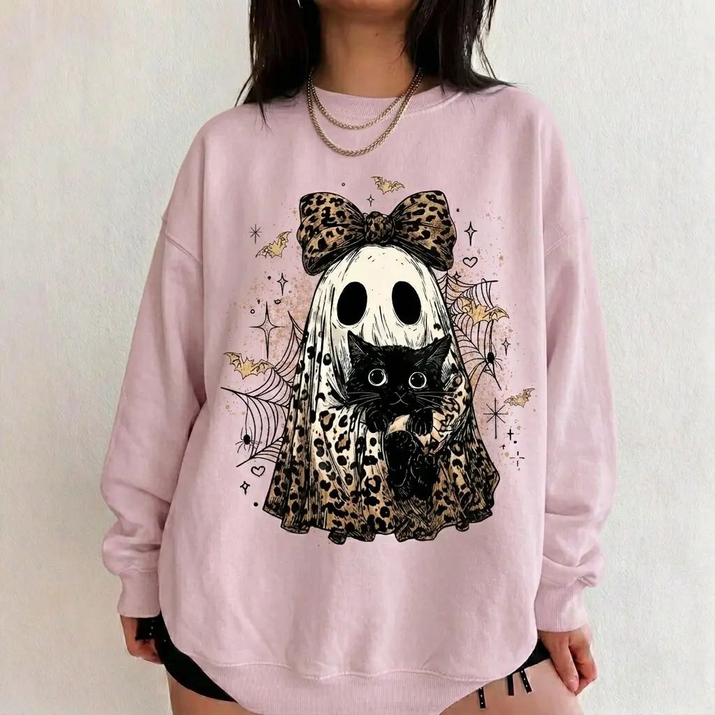 Leopard Ghost Cat Halloween Sweatshirt, Cute Spooky Black Cat Graphic Shirt