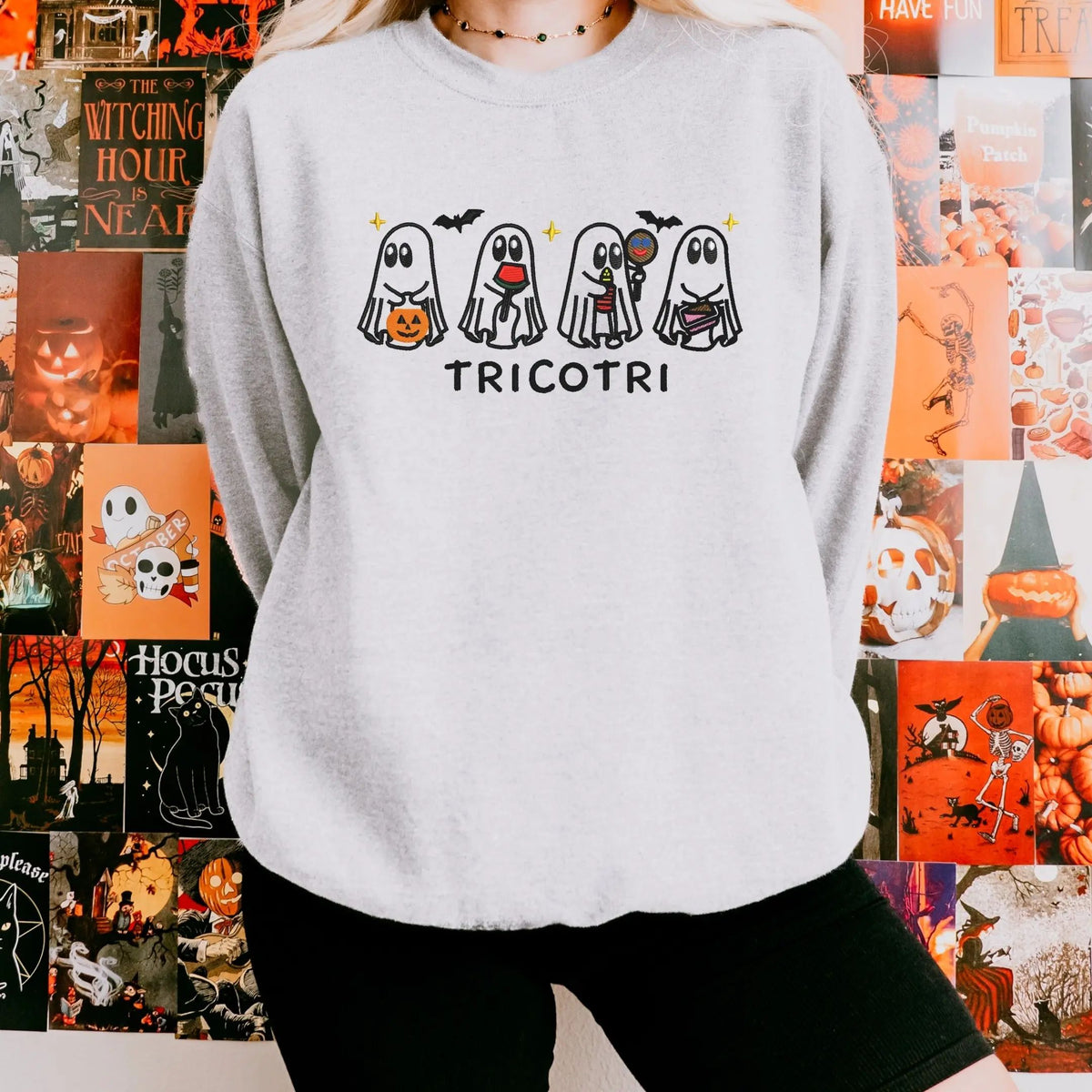 Tricotri Halloween Embroidered Crewneck Sweatshirt, Spooky Unisex Embroidered Sweater