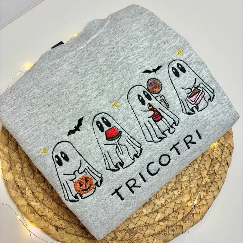 Tricotri Halloween Embroidered Crewneck Sweatshirt, Spooky Unisex Embroidered Sweater