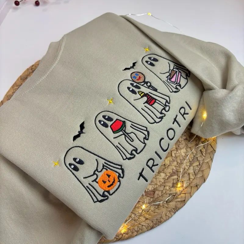 Tricotri Halloween Embroidered Crewneck Sweatshirt, Spooky Unisex Embroidered Sweater