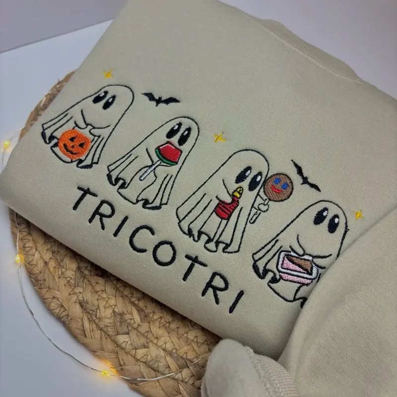 Tricotri Halloween Embroidered Crewneck Sweatshirt, Spooky Unisex Embroidered Sweater