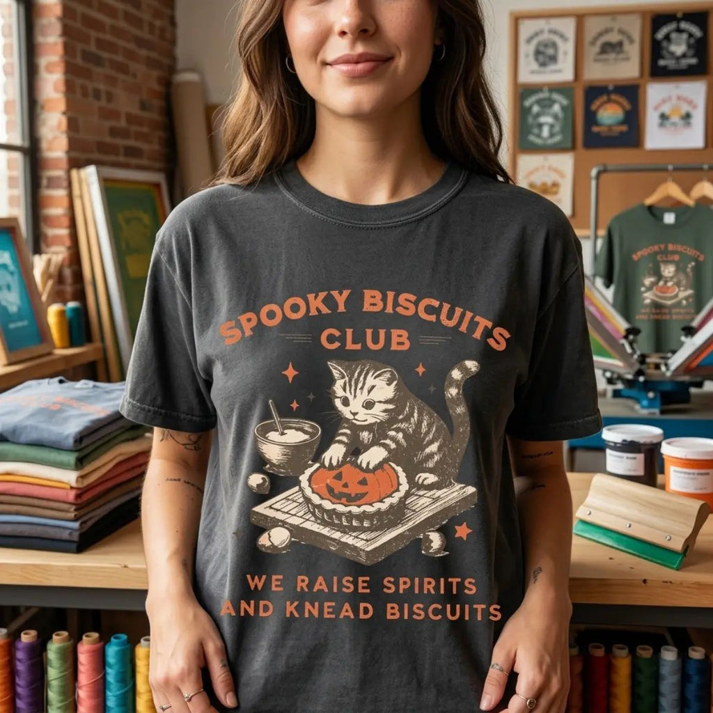 Comfort Colors Spooky Biscuits Club Shirt, Halloween Cat T-Shirt