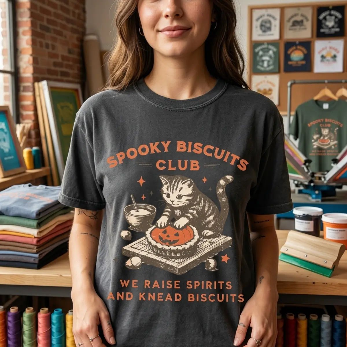 Comfort Colors Spooky Biscuits Club Shirt, Halloween Cat T-Shirt