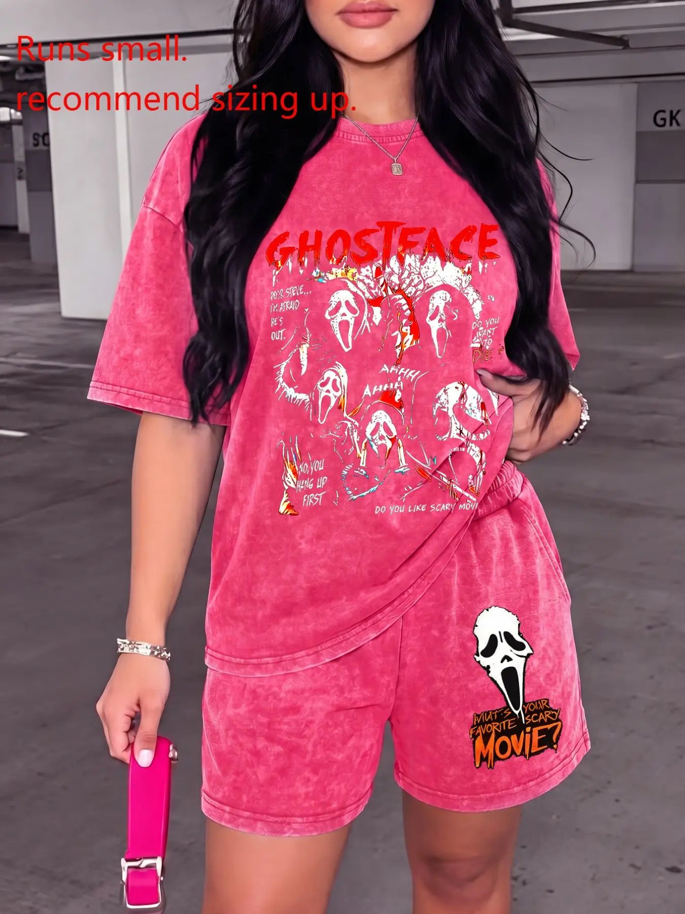 Women's Casual Fitted Washed Two-Piece Set, Ghost Face Print