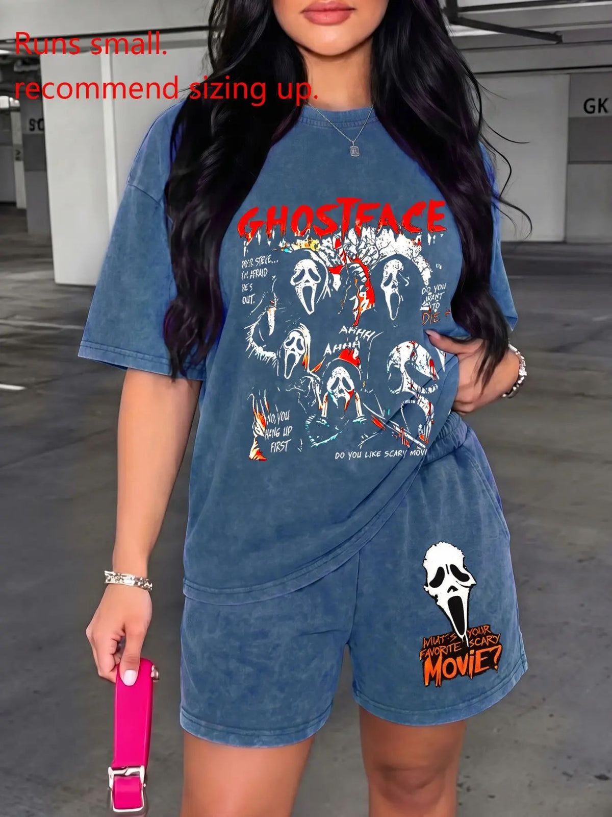 Women's Casual Fitted Washed Two-Piece Set, Ghost Face Print