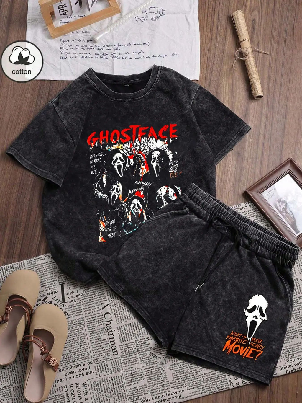 Women's Casual Fitted Washed Two-Piece Set, Ghost Face Print
